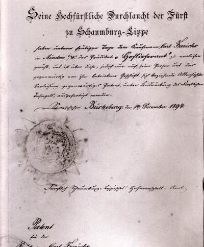 Eine Patentschrift des Fürsts für den Hoflieferanten Carl Frerichs