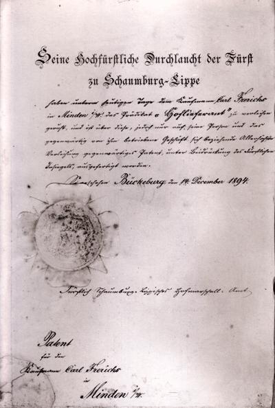 Eine Patentschrift des Fürsts für den Hoflieferanten Carl Frerichs