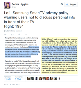 EFF-Aktivist Parker Higgins stellt einen Abschnittt aus Samsungs Endbenutzer-Lizenzvertrag einer Passage aus Orwells 1984 gegenüber
