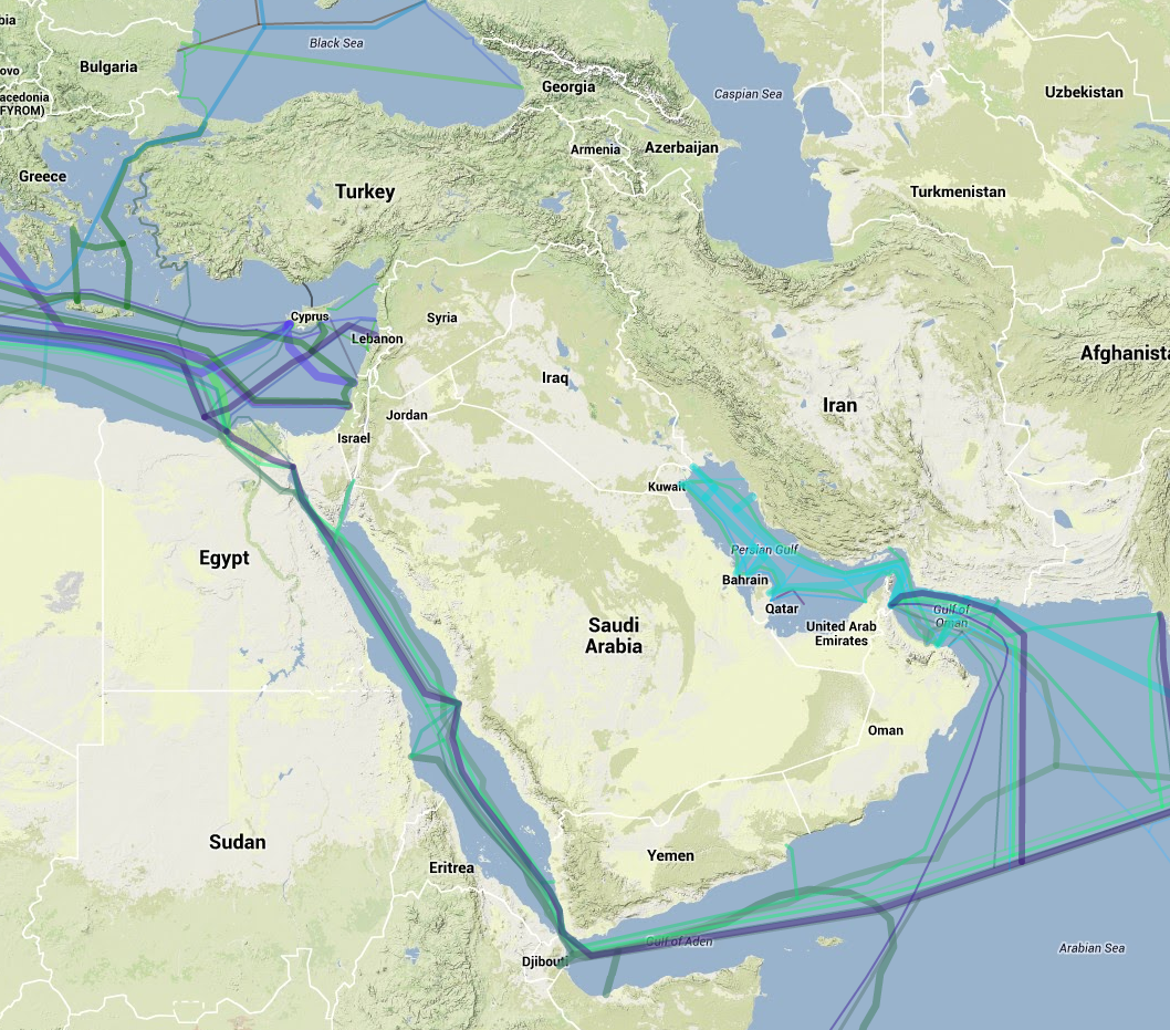 Die Glasfaser-Kabel im Nahen Osten laut Greg's Cable Map
