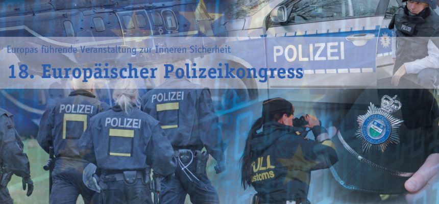 Flyer zur Verkaufsmesse "18. Europäischer Polizeikongress", die großspurig als "Europas führende Veranstaltung zur Inneren Sicherheit" bezeichnet wird.