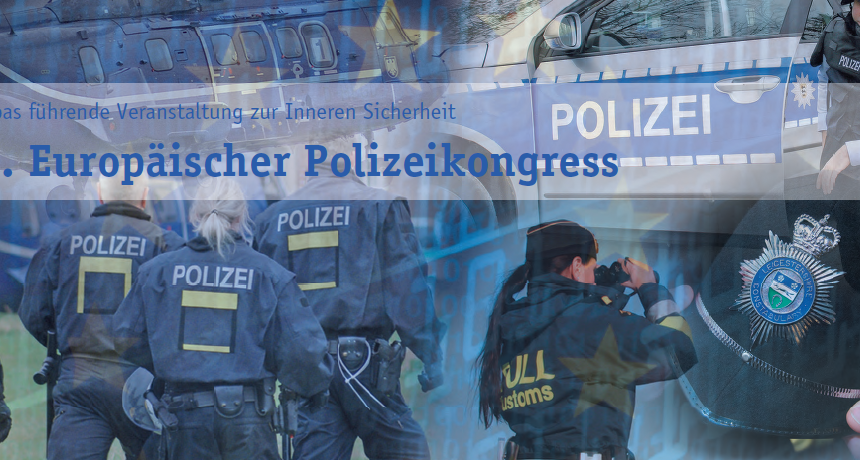 Flyer zur Verkaufsmesse "18. Europäischer Polizeikongress", die großspurig als "Europas führende Veranstaltung zur Inneren Sicherheit" bezeichnet wird.