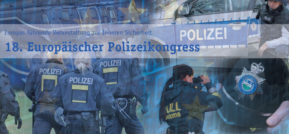 Flyer zur Verkaufsmesse "18. Europäischer Polizeikongress", die großspurig als "Europas führende Veranstaltung zur Inneren Sicherheit" bezeichnet wird.