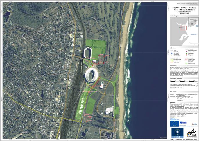 Aufnahme eines Stadions in Südafrika vom EU-Satellitenzentrum EUSC und dem deutschen DLR.