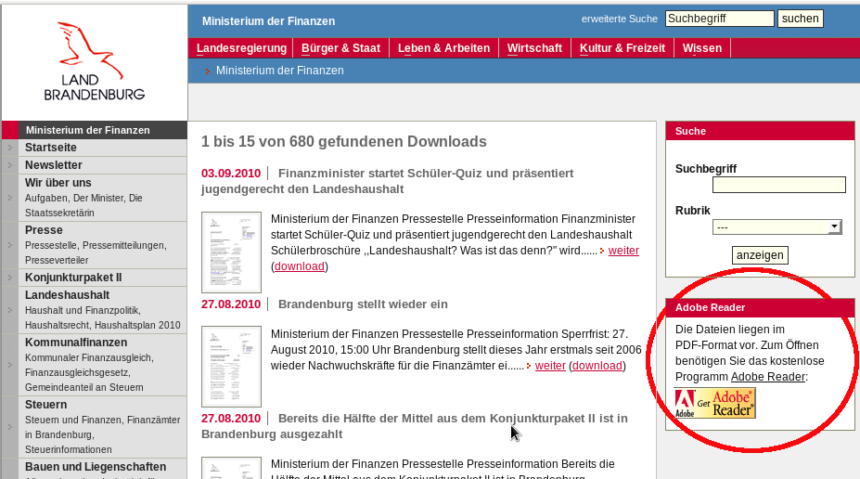 Werbung auf der Webseite des Ministeriums für Finanzen Brandenburg