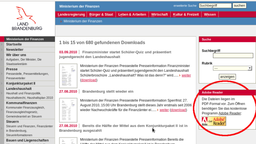 Werbung auf der Webseite des Ministeriums für Finanzen Brandenburg