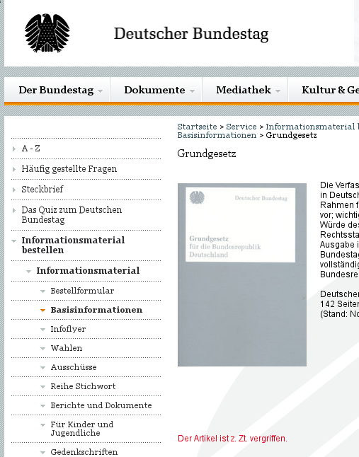 Zum Glück gibt's das Internet: Das gedruckte Grundgesetz ist gerade leider aus. Screenshot: bundestag.de (Stand: 28.05.2015)