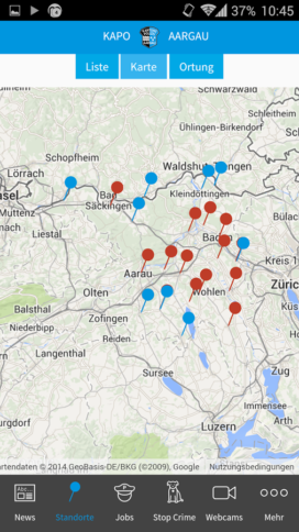 Screenshot der App "KAPO Aargau" der Kantonspolizei Aargau.