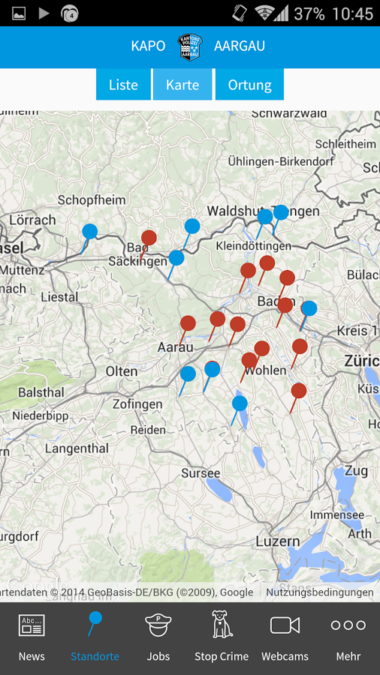 Screenshot der App "KAPO Aargau" der Kantonspolizei Aargau.