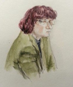 Zeugin Frau K. bei ihrer Anhörung. Zeichnung: Stella Schiffczyk.