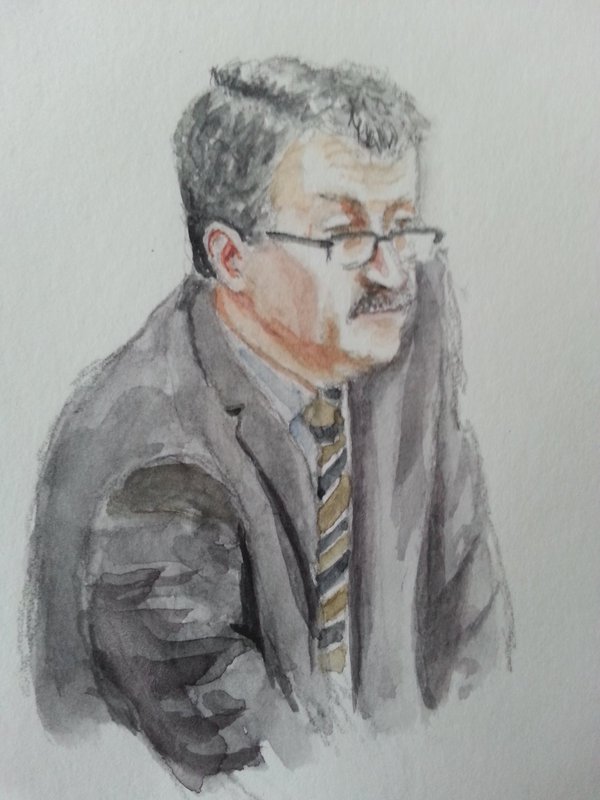 H.K. während seiner Anhörung. Zeichnung: Stella Schiffczyk