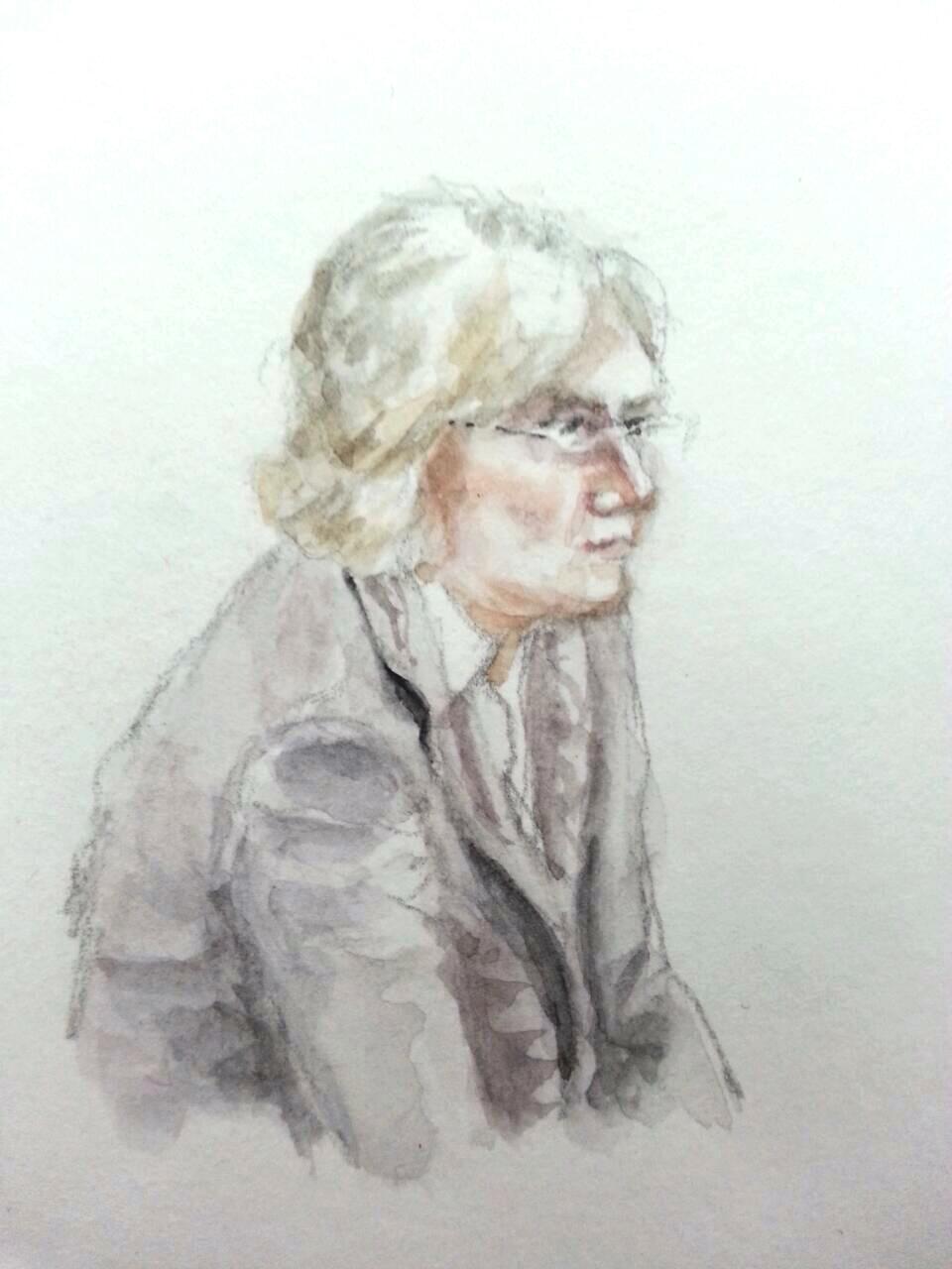 Zeugin Renate Leistner-Rocca bei ihrer Anhörung. Zeichnung: Stella Schiffczyk.