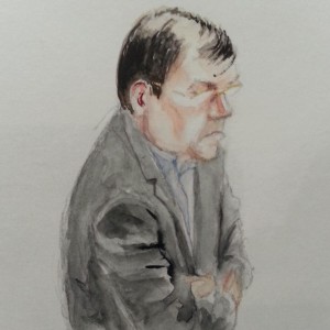 Zeuge Alois Nöbauer bei seiner Anhörung. Zeichnung: Stella Schiffczyk.