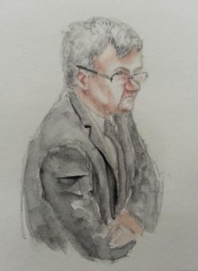 Zeuge Jürgen Schulz während seiner Anhörung. Zeichnung: Stella Schiffczyk