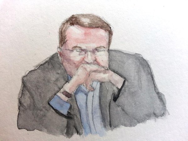 Zeuge Dieter Urmann während seiner Anhörung. Zeichnung: Stella Schiffcyzk