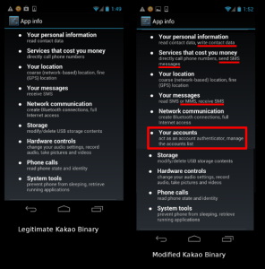 Android Berechtigungen der richtigen und der infizierten App.