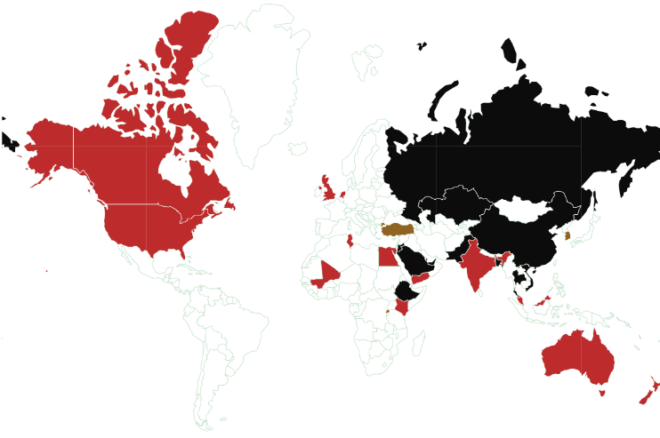Heatmap der Überwachungsstaaten (rot) und Internetzensoren (schwarz, braun für beides)