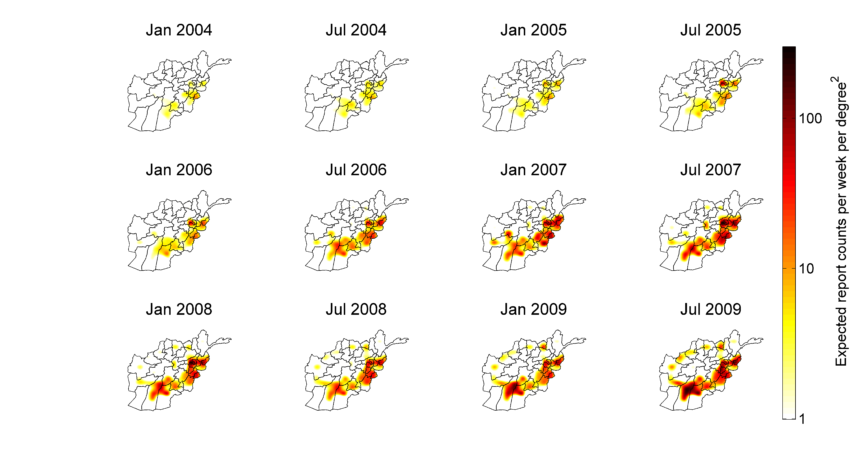 Afghan map at different times with intensity colors
